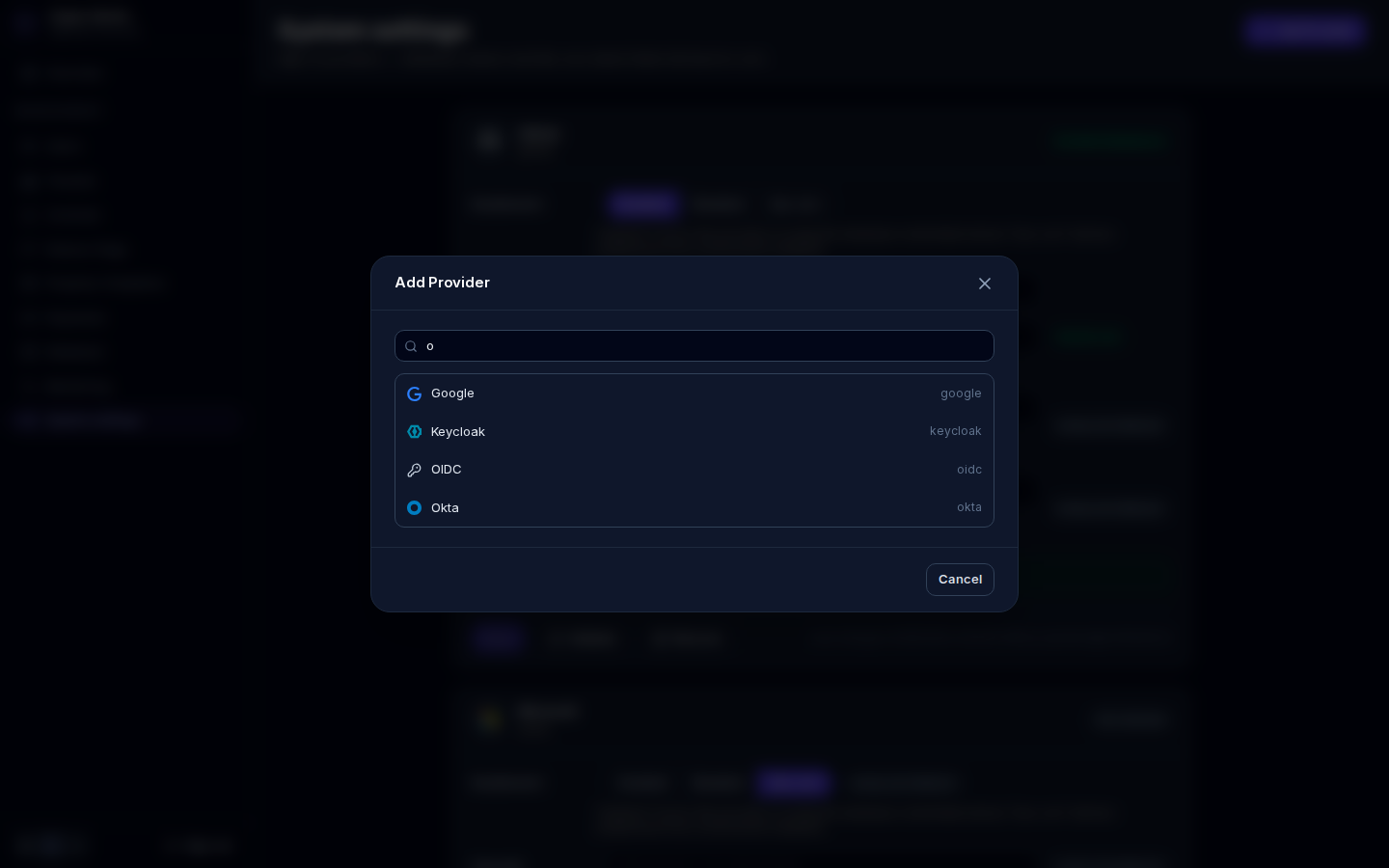 The Add Provider dialog searched for o, listing Google, Keycloak, OIDC and Okta with their ids