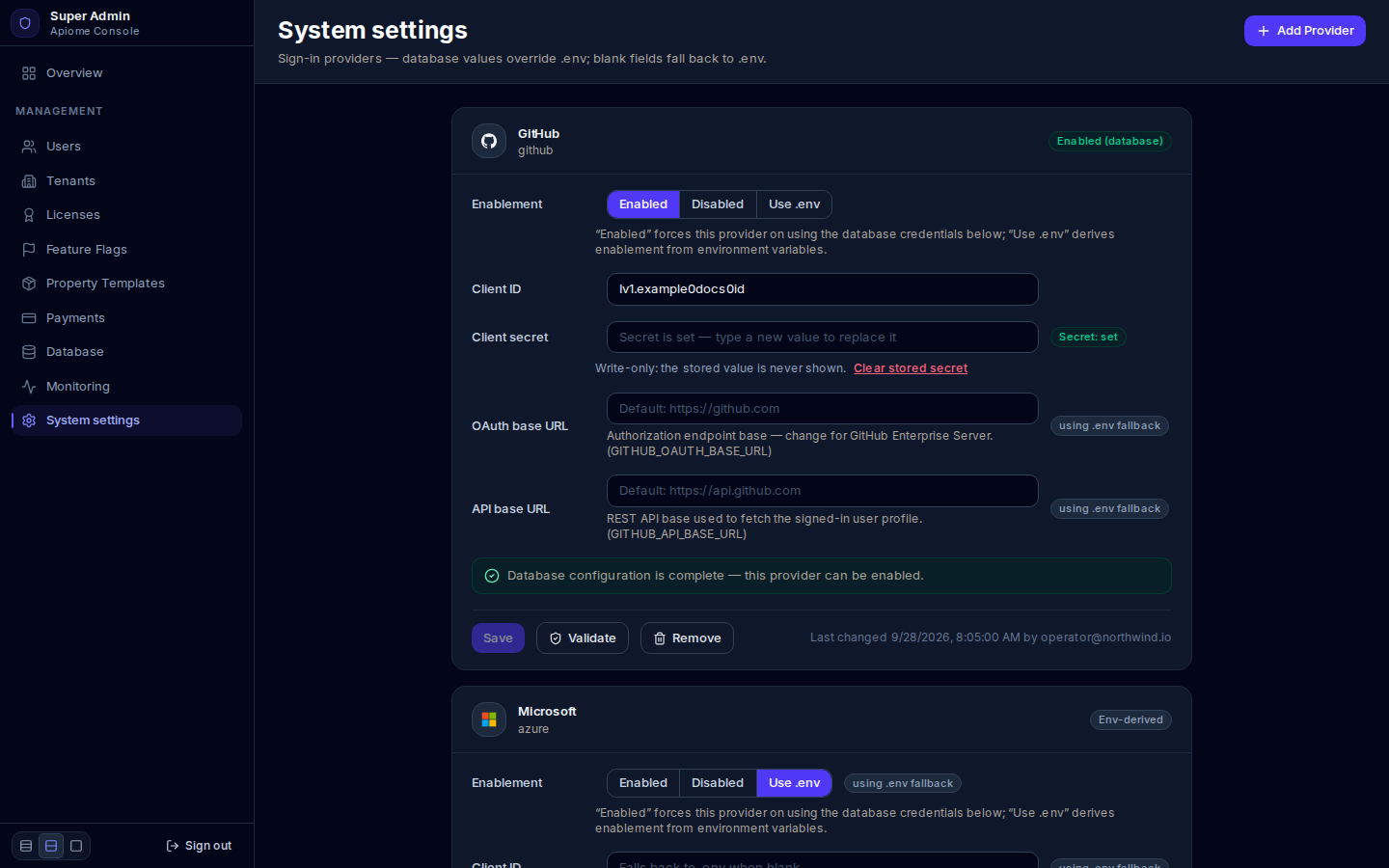 System settings: the GitHub card enabled from the database with its secret set and a successful Validate, and the Microsoft card below it