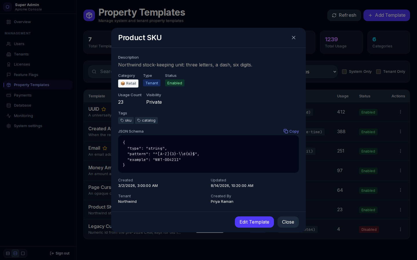 Details of the Product SKU tenant template: Retail category, private, its tags, JSON Schema, Northwind tenant and creator