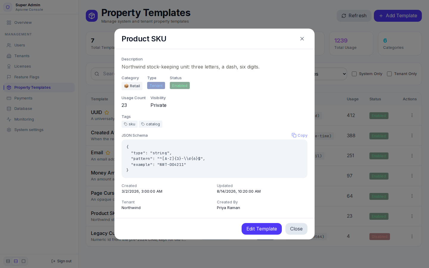 Details of the Product SKU tenant template: Retail category, private, its tags, JSON Schema, Northwind tenant and creator