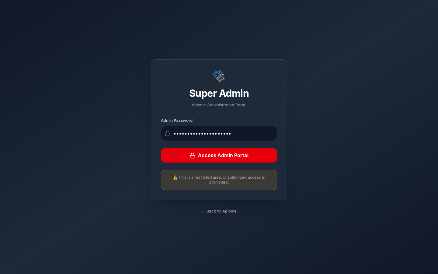 The Super Admin sign-in card: an Admin Password field and an Access Admin Portal button