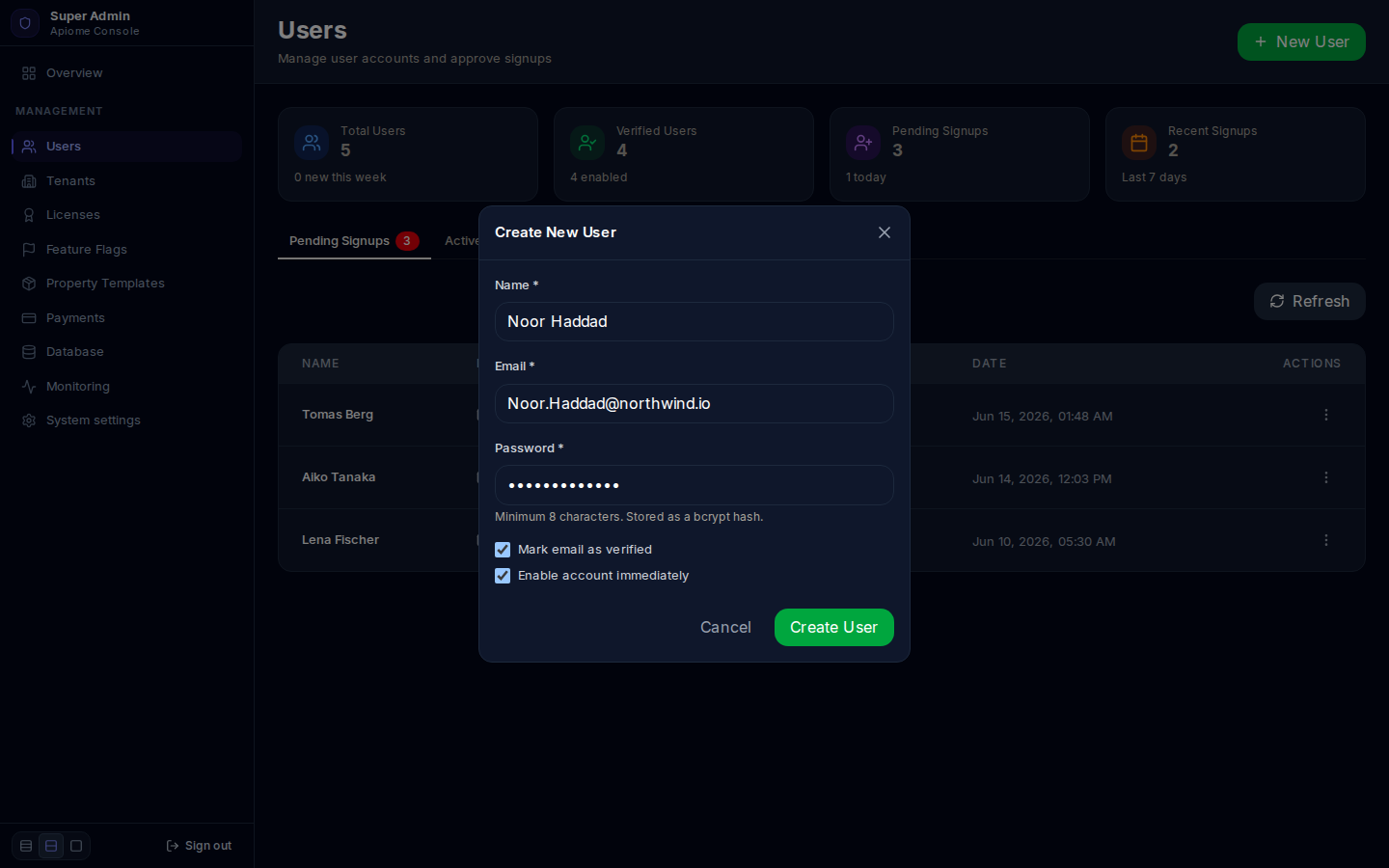 Create New User with a name, email and temporary password, both boxes ticked