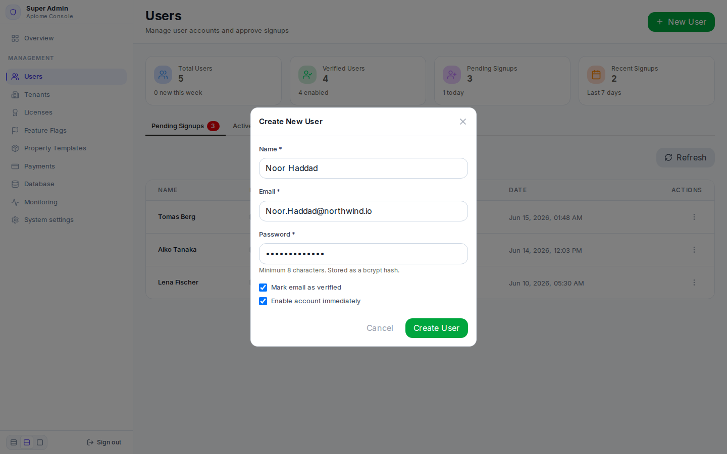 Create New User with a name, email and temporary password, both boxes ticked