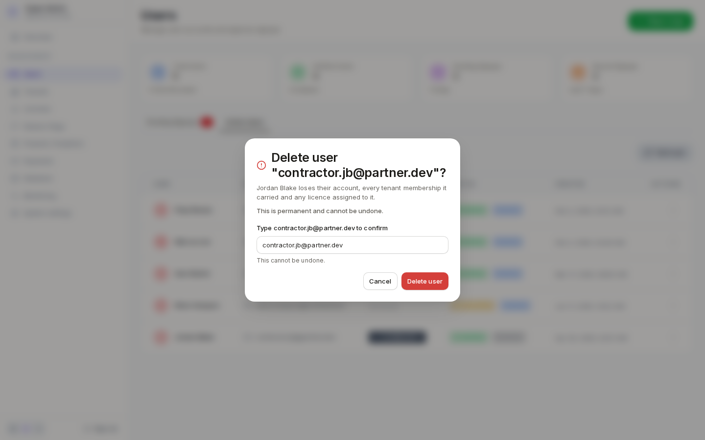 The delete confirmation: the user's email typed to confirm, and the Delete user button