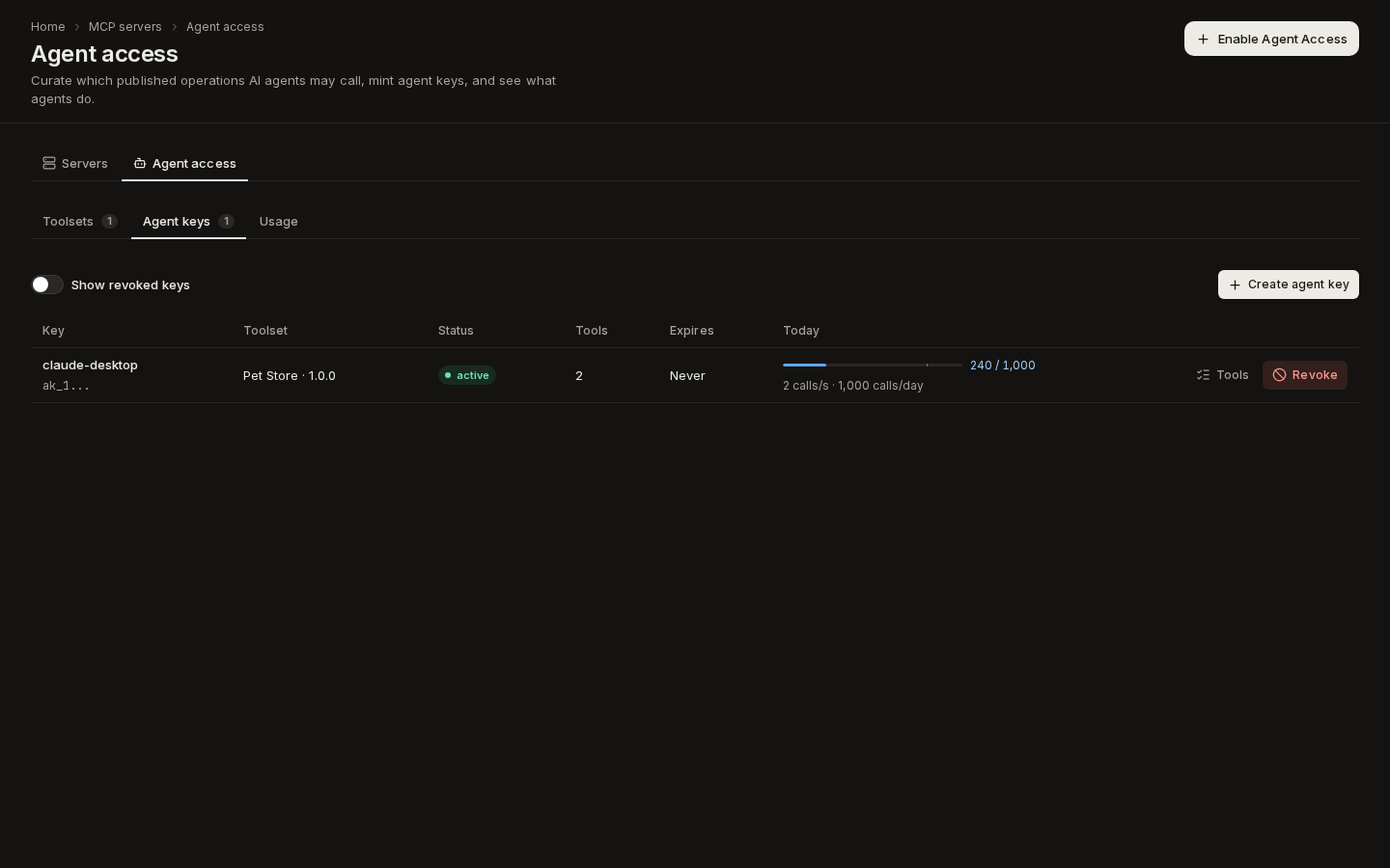 The Agent keys tab: a key with its toolset, status, tools, expiry and today's calls