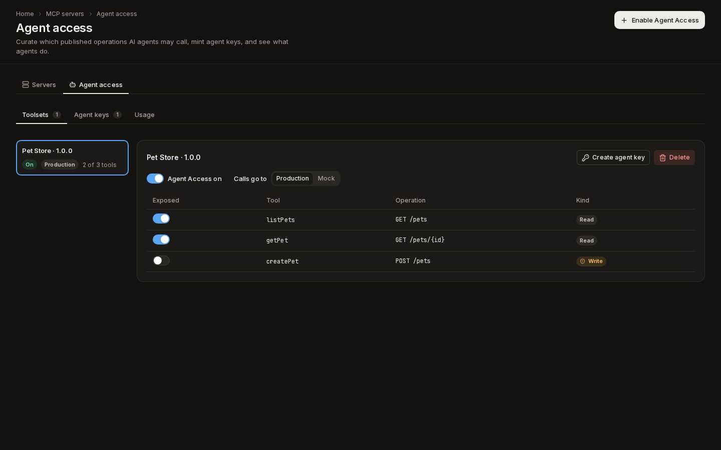 Agent access, Toolsets tab: a toolset for Pet Store 1.0.0 with its operations, kinds and exposure switches