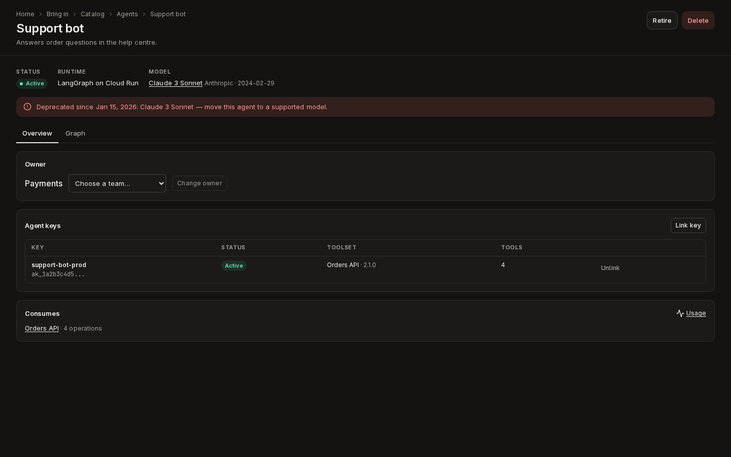 An agent's page: status, runtime and model, a red notice that its model is deprecated, the owner team, its agent key with prefix and toolset, and the API it consumes