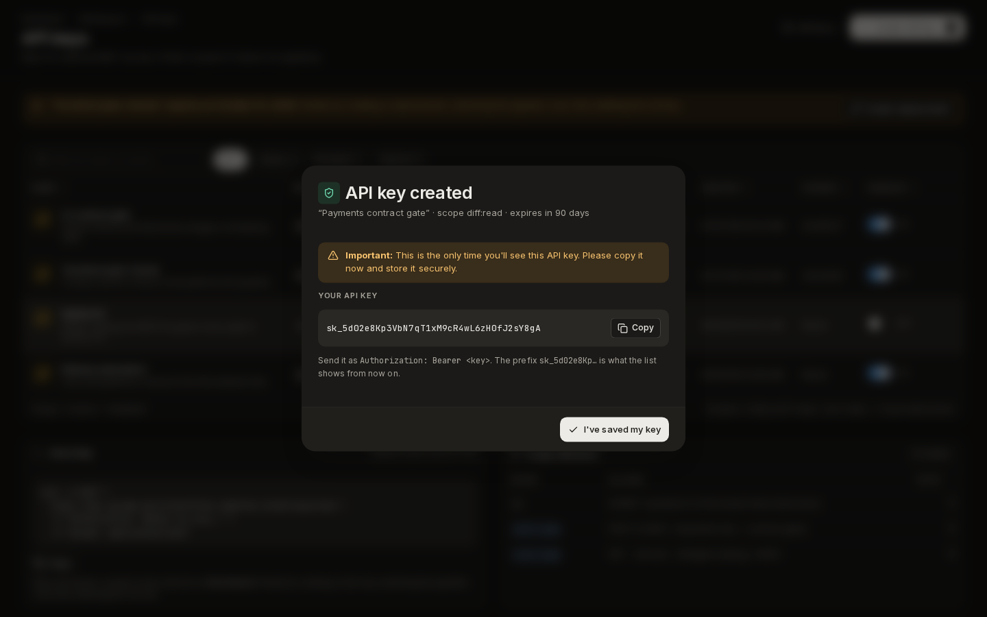 API key created: the warning that the key is shown only once, the key with Copy, and I've saved my key
