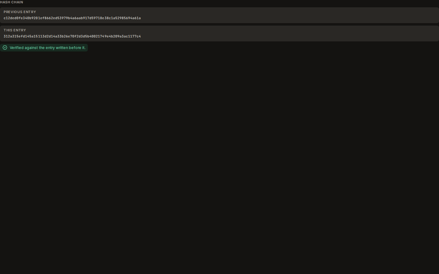 The Hash chain section: previous and current SHA-256 hashes, verified against the entry before it