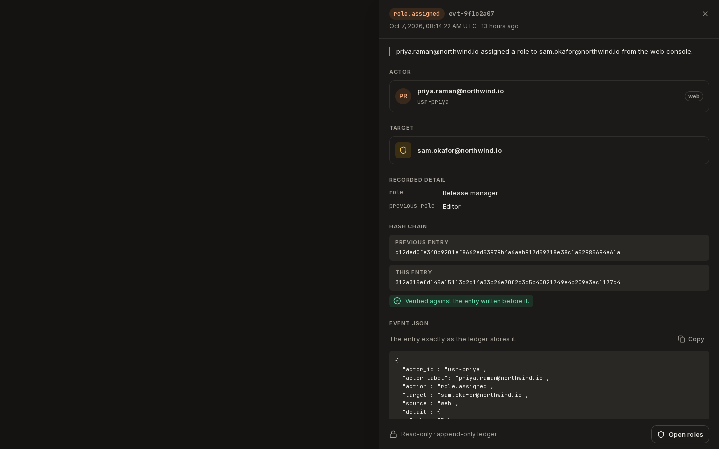 An event's drawer: a role assigned from Editor to Release manager, its detail and verified hash chain