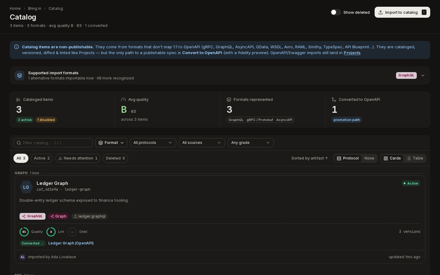 The Catalog in Cards view, grouped by protocol
