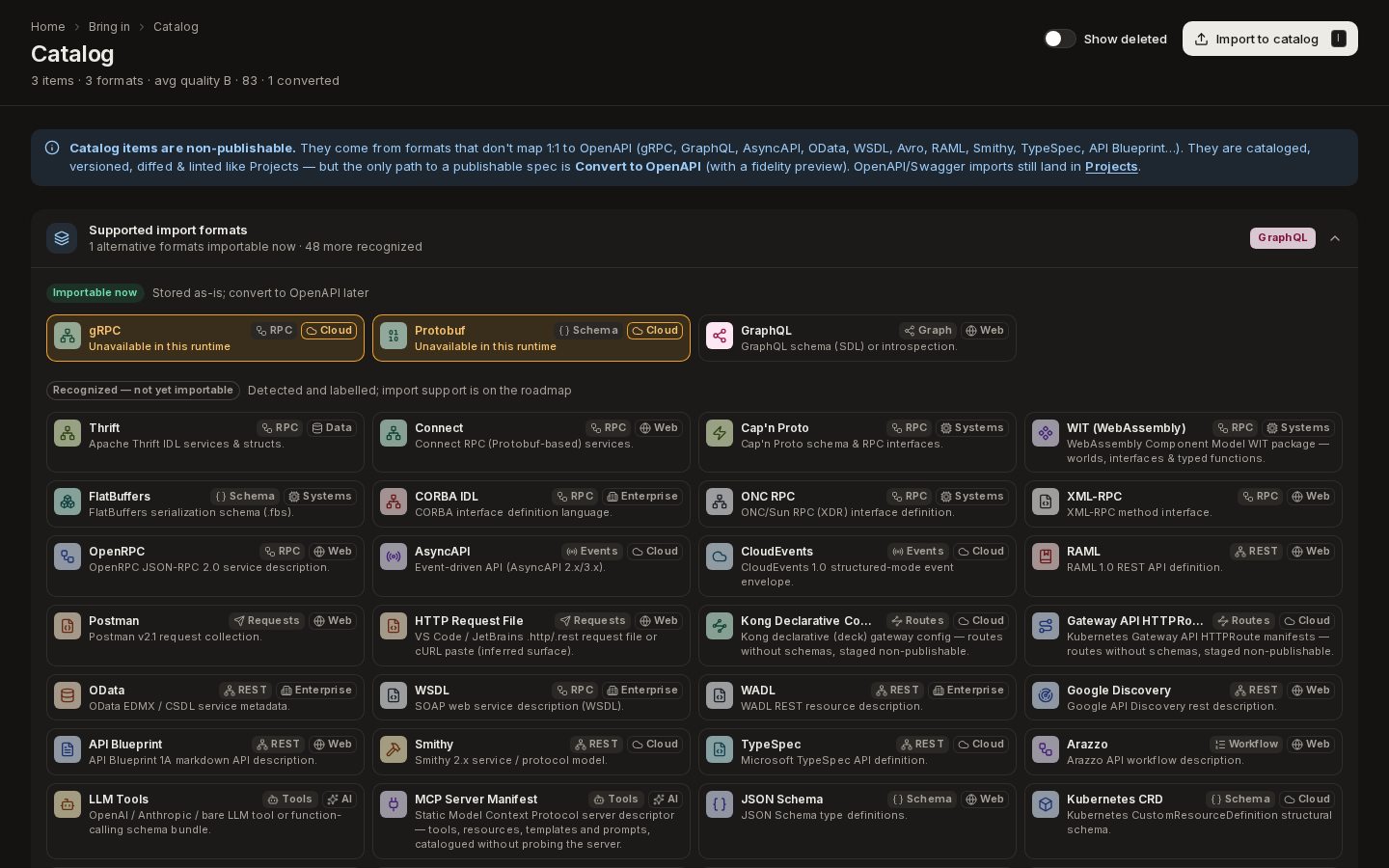 The Supported import formats panel expanded: formats importable now and formats recognized but not yet importable