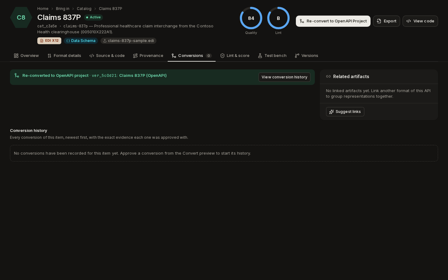 The Conversions tab: conversion history, empty until a conversion is approved