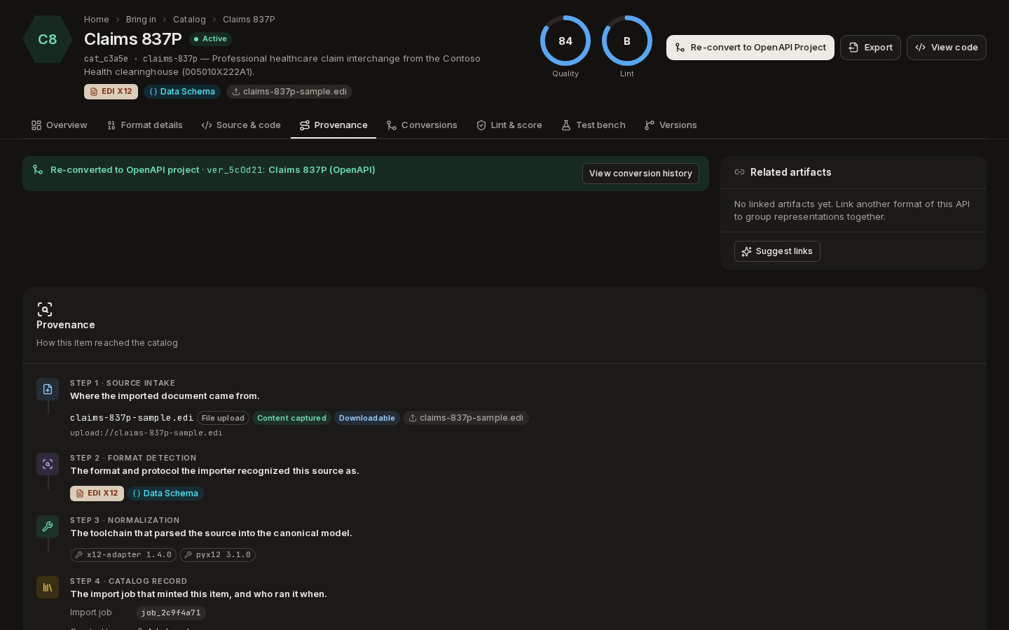 The Provenance tab: source intake, format detection, normalization and the catalog record