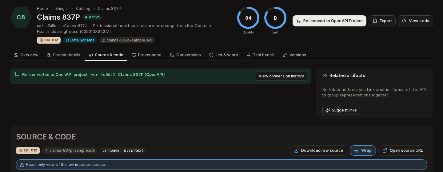 The Source & code tab: the raw X12 source, read-only, with download and source URL buttons