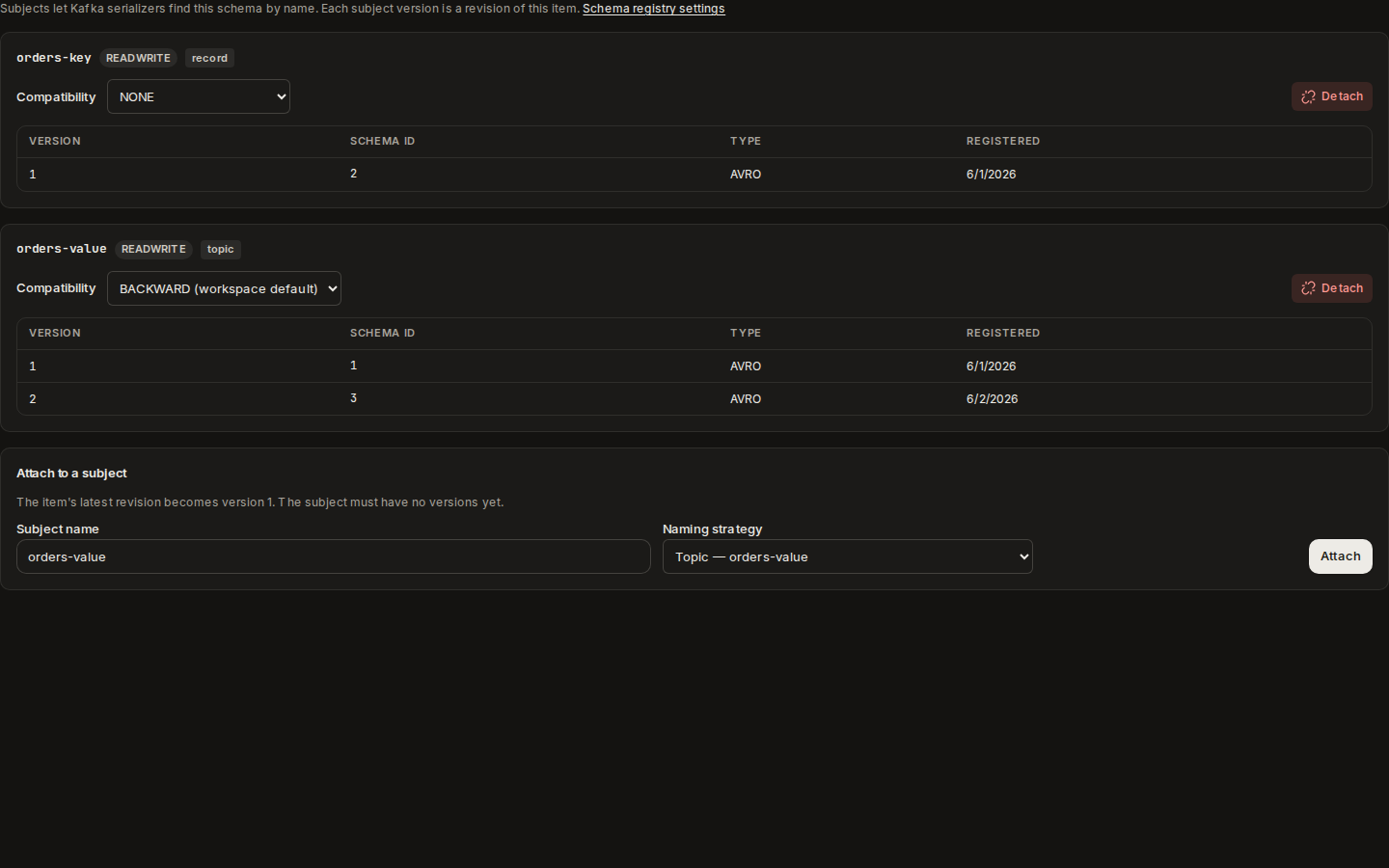 A catalog item's Subjects tab: two subjects with their compatibility level, mode, strategy and versions with schema ids, and the Attach to a subject form