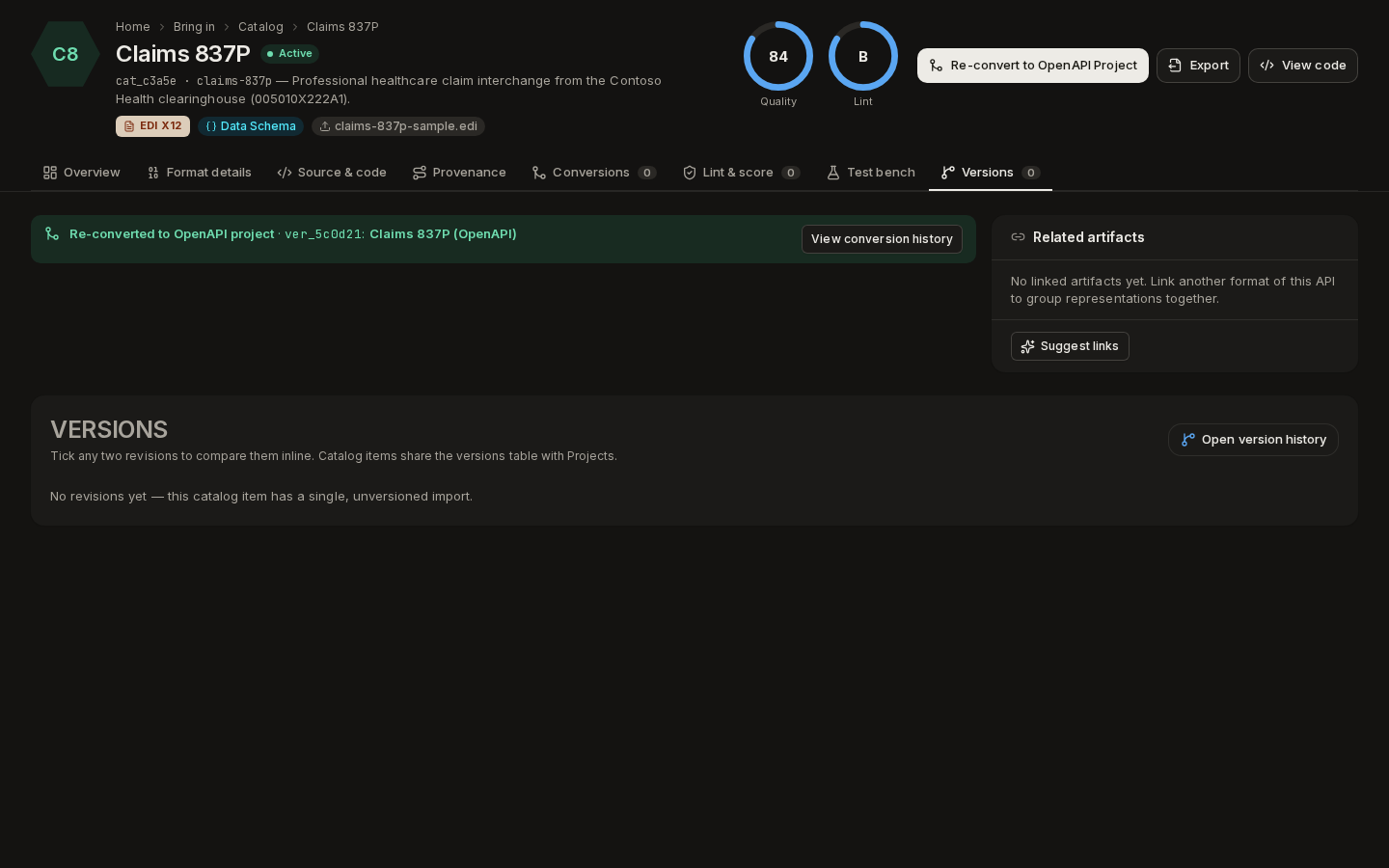 The Versions tab of a catalog item with a single revision