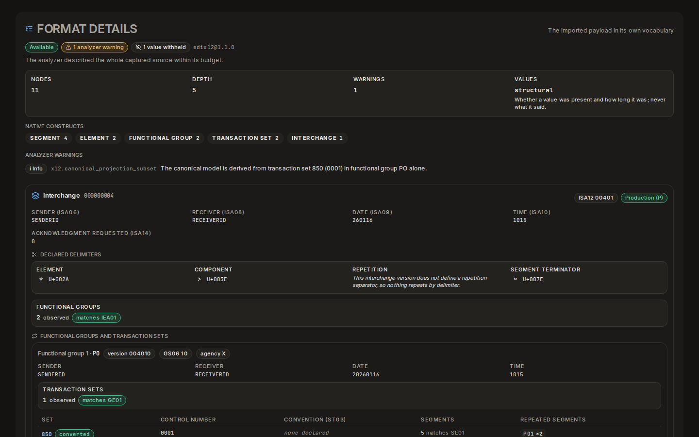 Format details for an X12 837 claim: envelopes, functional groups and segments