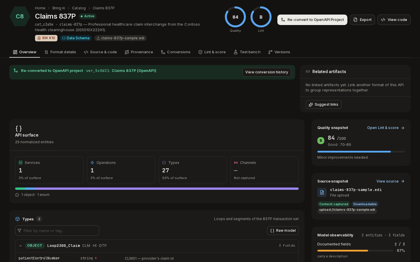 A catalog item's Overview tab: header with quality and lint scores, API surface and quality snapshot