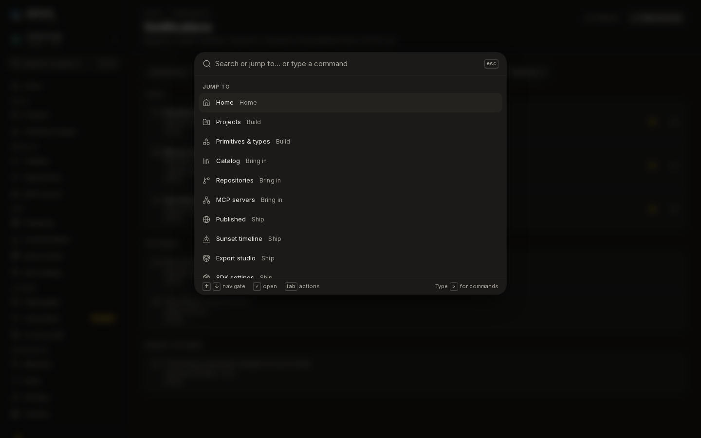 The command palette over the notifications page, listing Jump to destinations