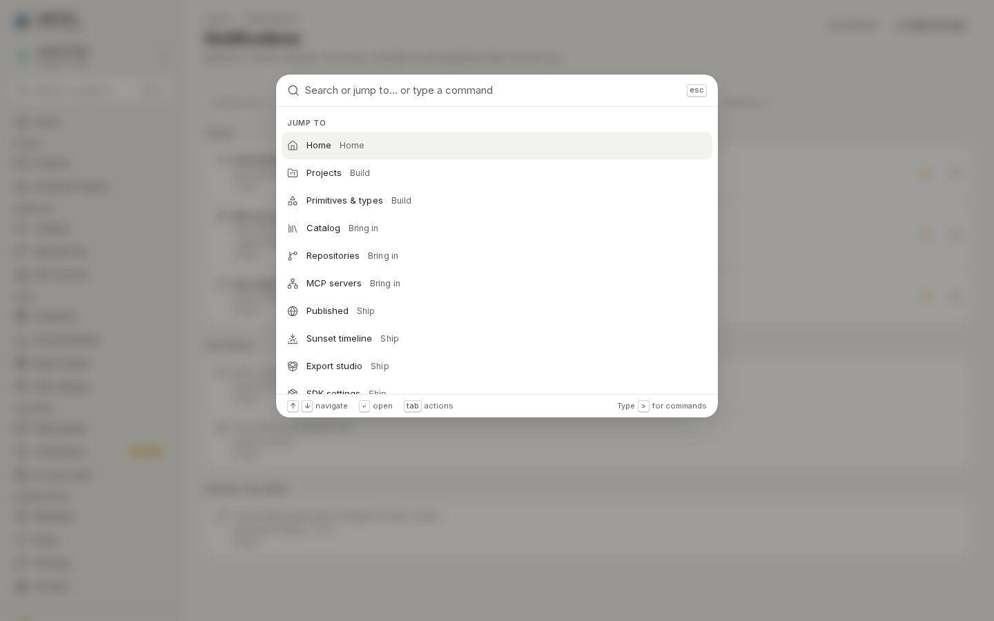 The command palette over the notifications page, listing Jump to destinations
