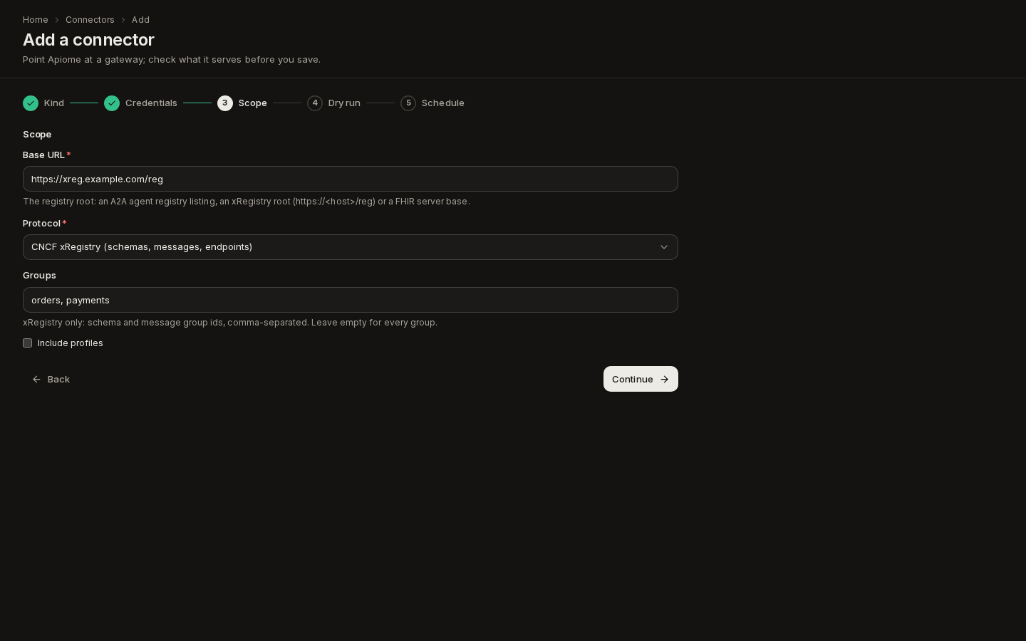 Add a connector, Scope step for a registry crawl: an xRegistry root as Base URL, Protocol CNCF xRegistry (schemas, messages, endpoints) and Groups orders, payments