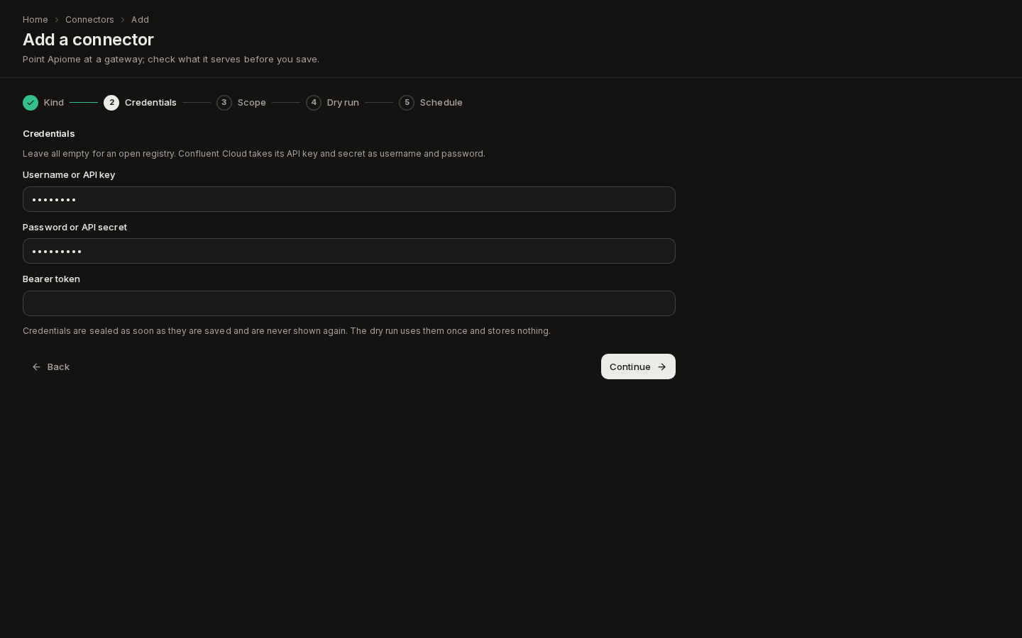 Add a connector, Credentials step for a schema registry: Username or API key and Password or API secret filled in, Bearer token empty