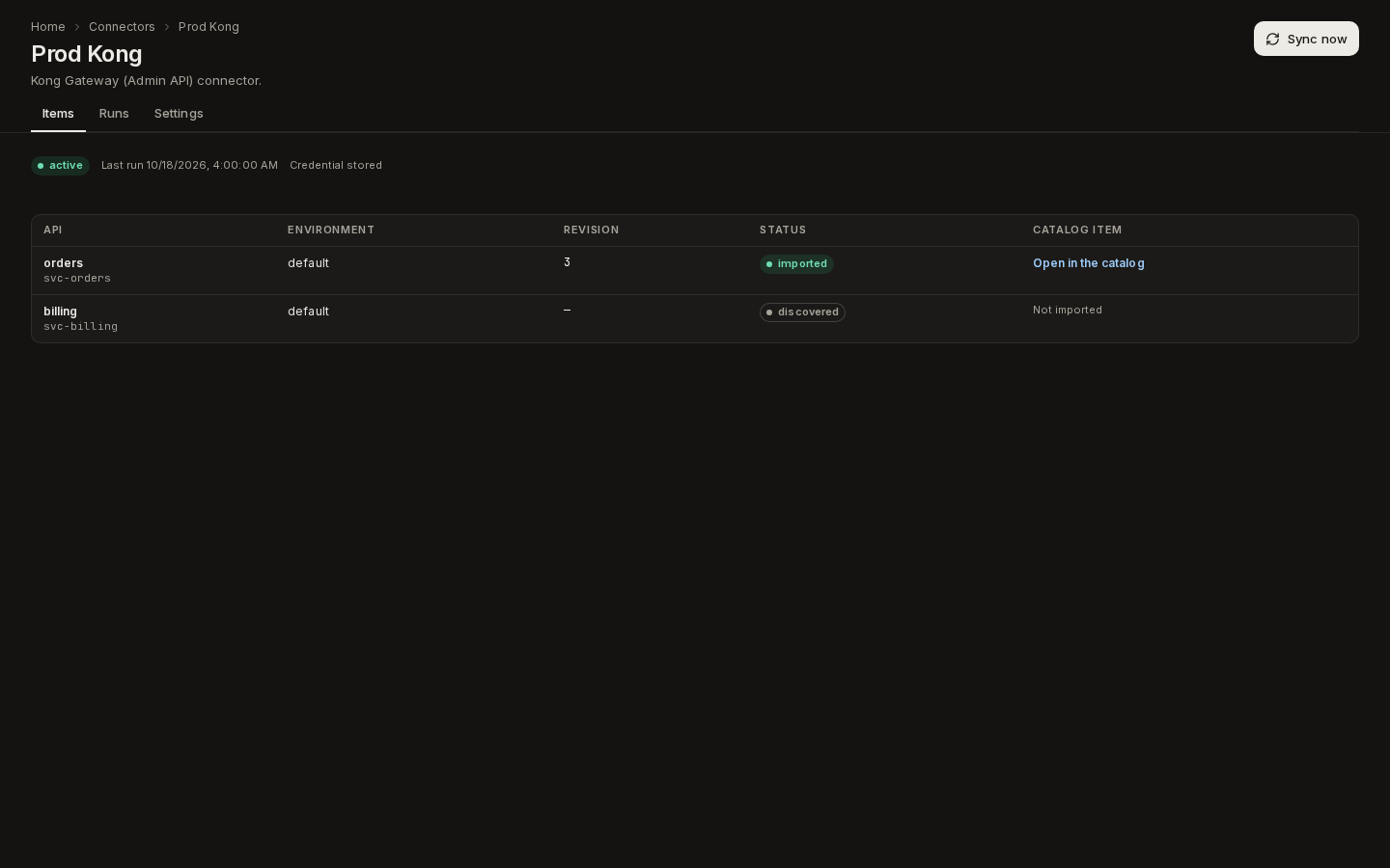 A connector's Items tab: two APIs, one imported with an Open in the catalog link, one discovered and not imported yet