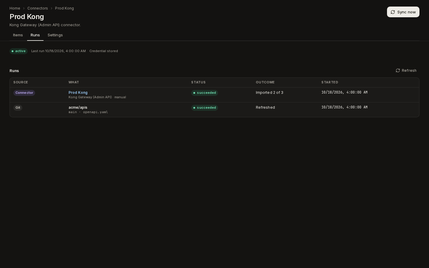 A connector's Runs tab: a Connector run that imported 2 of 3, next to a Git refresh, each with a source badge