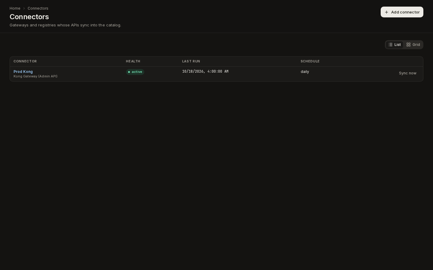 Connectors: one connector with its kind, health, last run and schedule, a Sync now button, and Add connector in the header