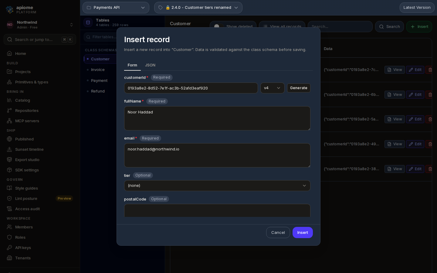 Insert record for Customer: the Form tab with customerId, fullName and email filled in, each marked Required