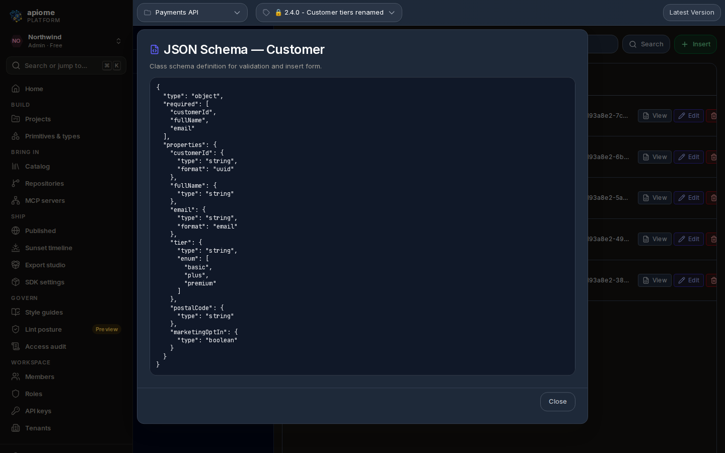 JSON Schema — Customer: the published class schema with its required properties and property types