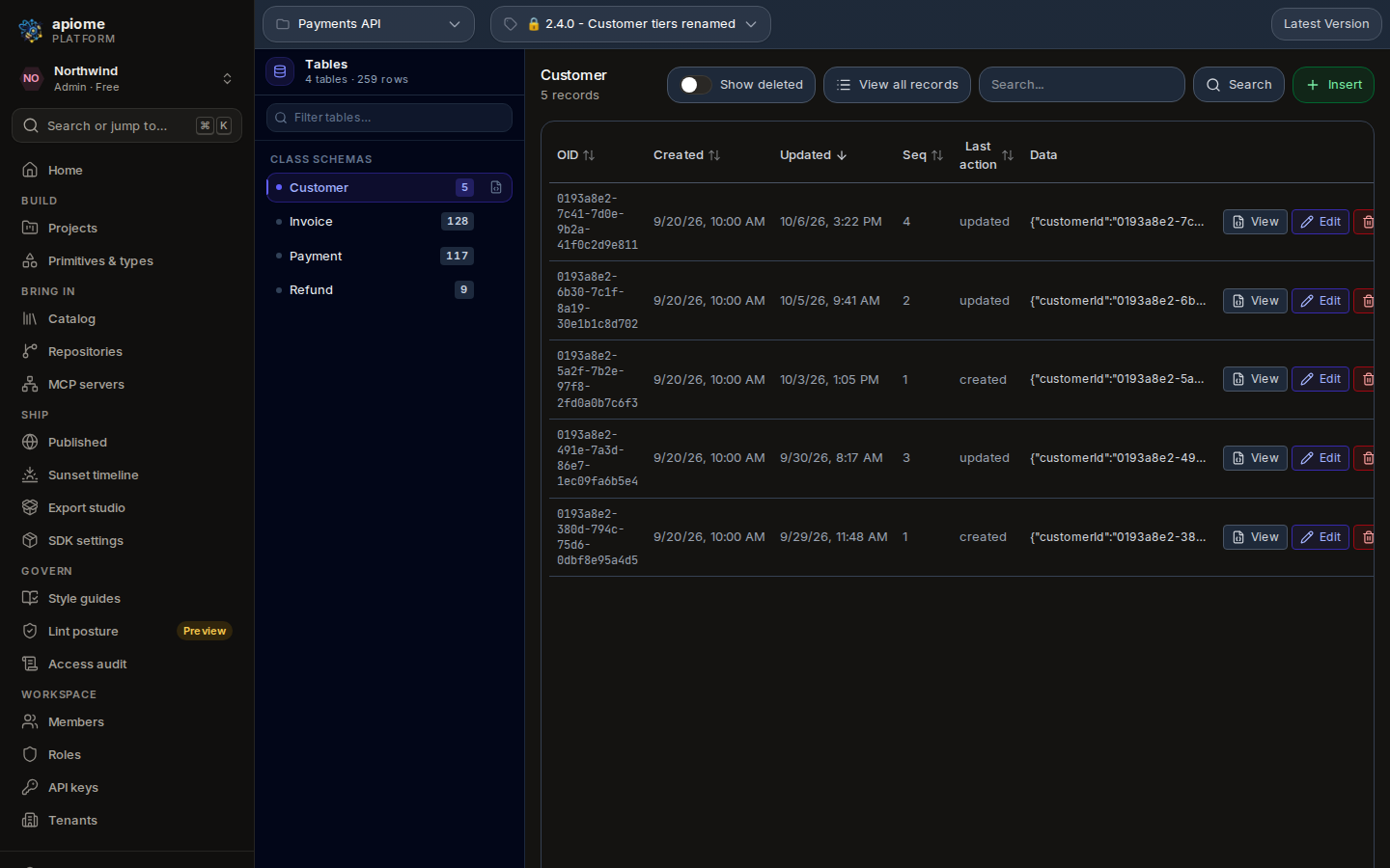 The data browser: Payments API 2.4.0 with the Customer table open: five records, sortable columns and View, Edit and Delete on each row
