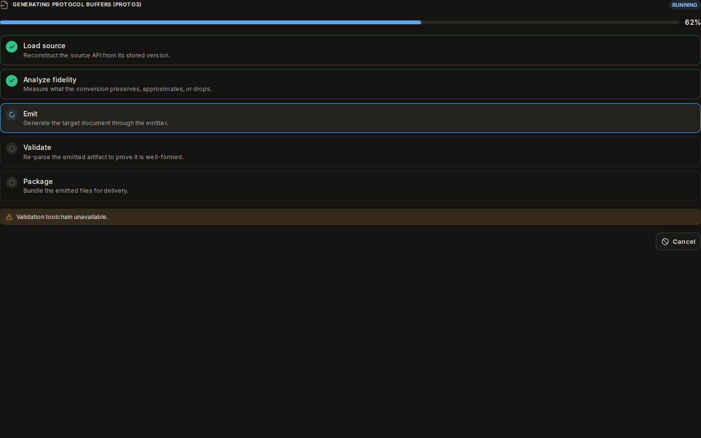 Generating Protocol Buffers: running at 62%, the Emit stage active, a warning and Cancel