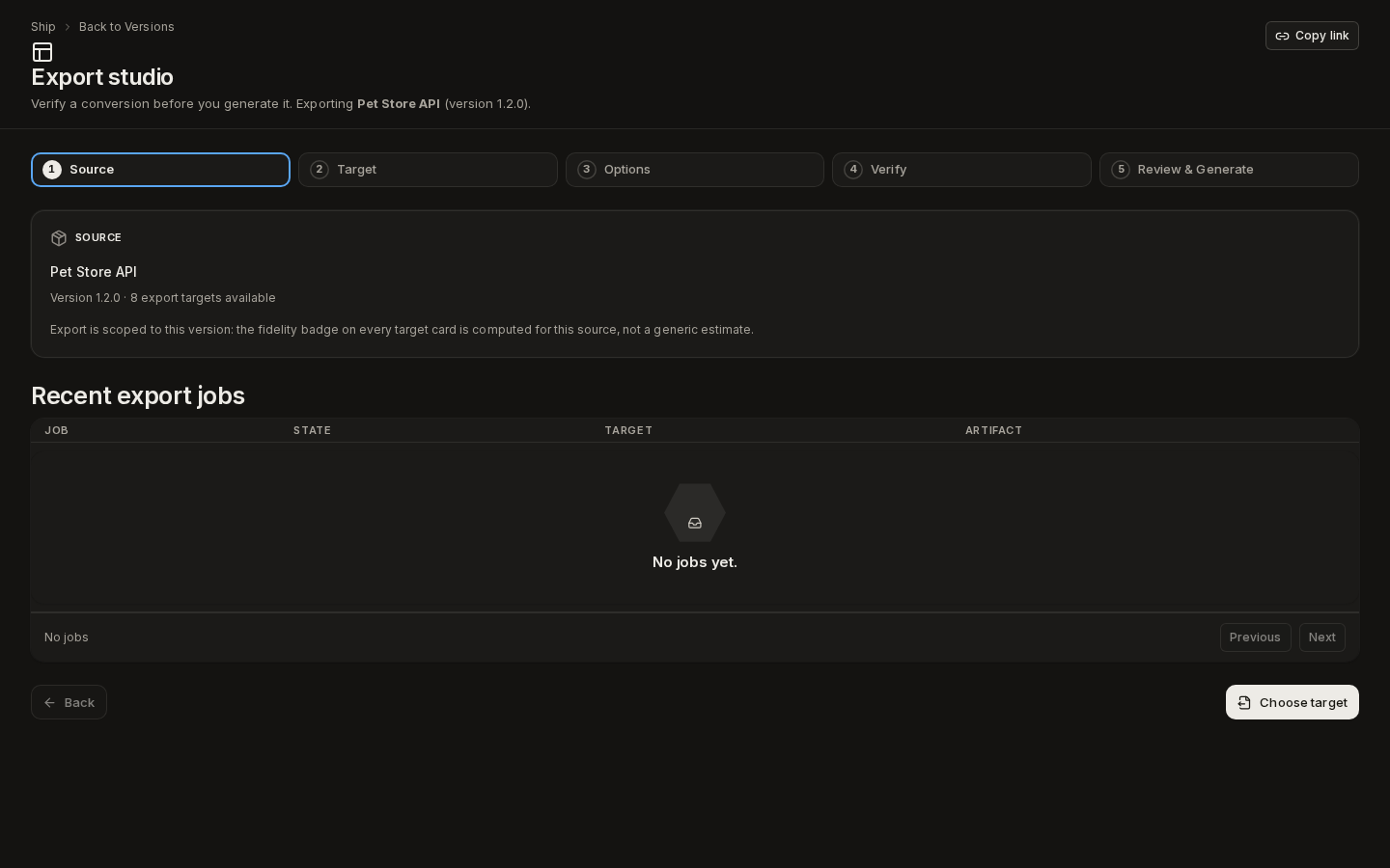 Export studio on the Source step: Pet Store API, version 1.2.0, eight export targets