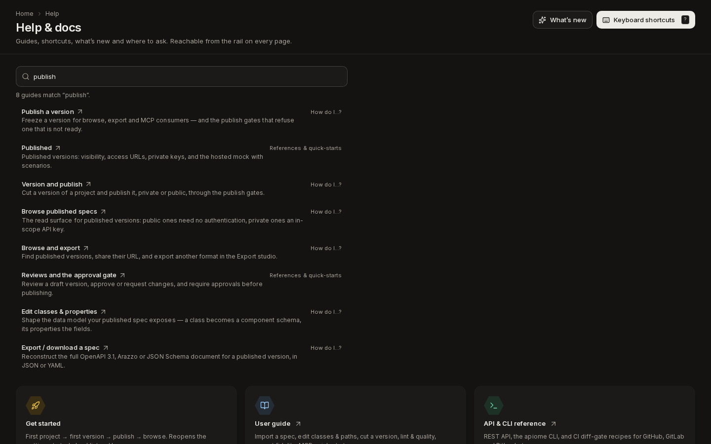 The guide search for publish: eight matching guides, each with its summary and section