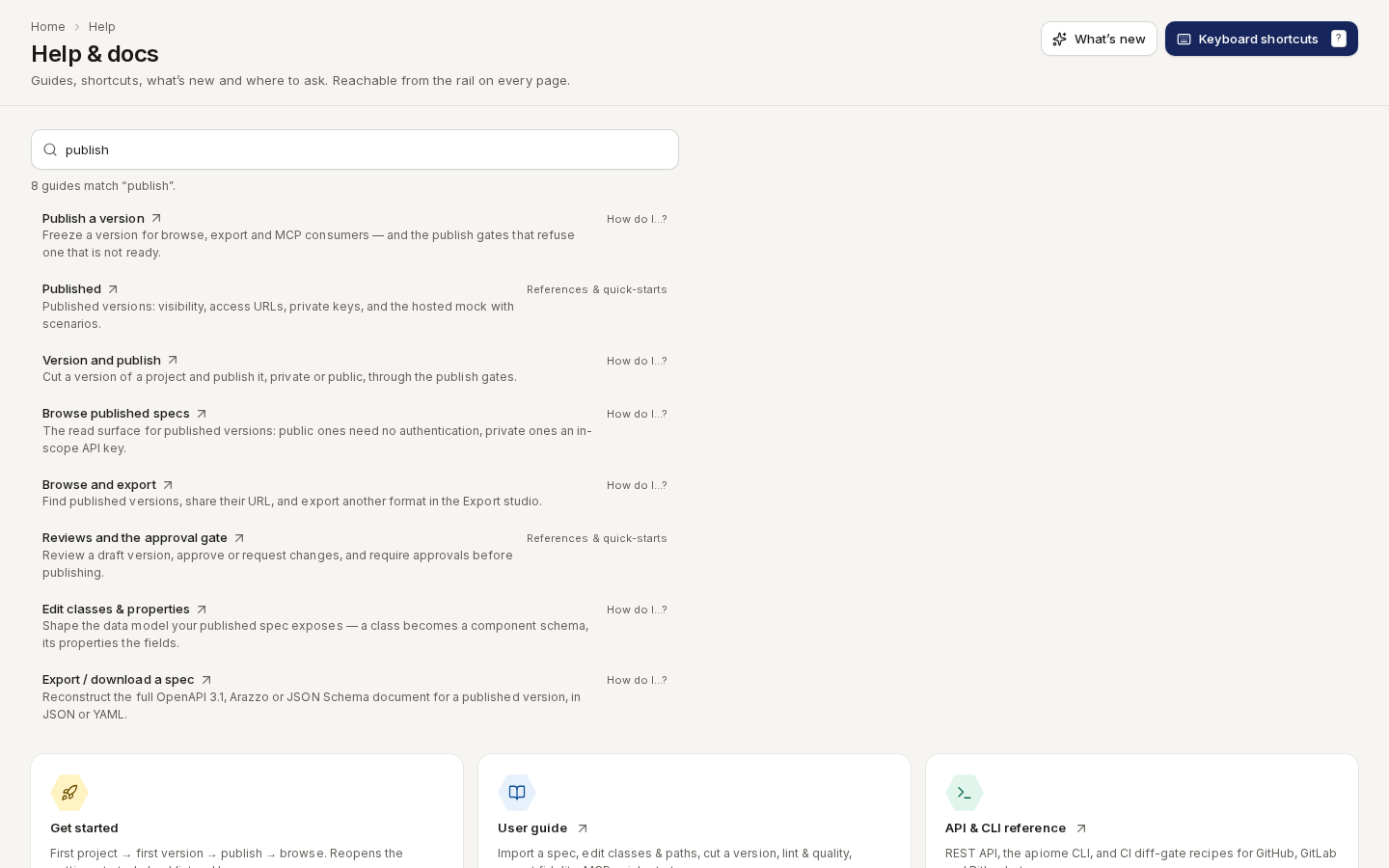 The guide search for publish: eight matching guides, each with its summary and section