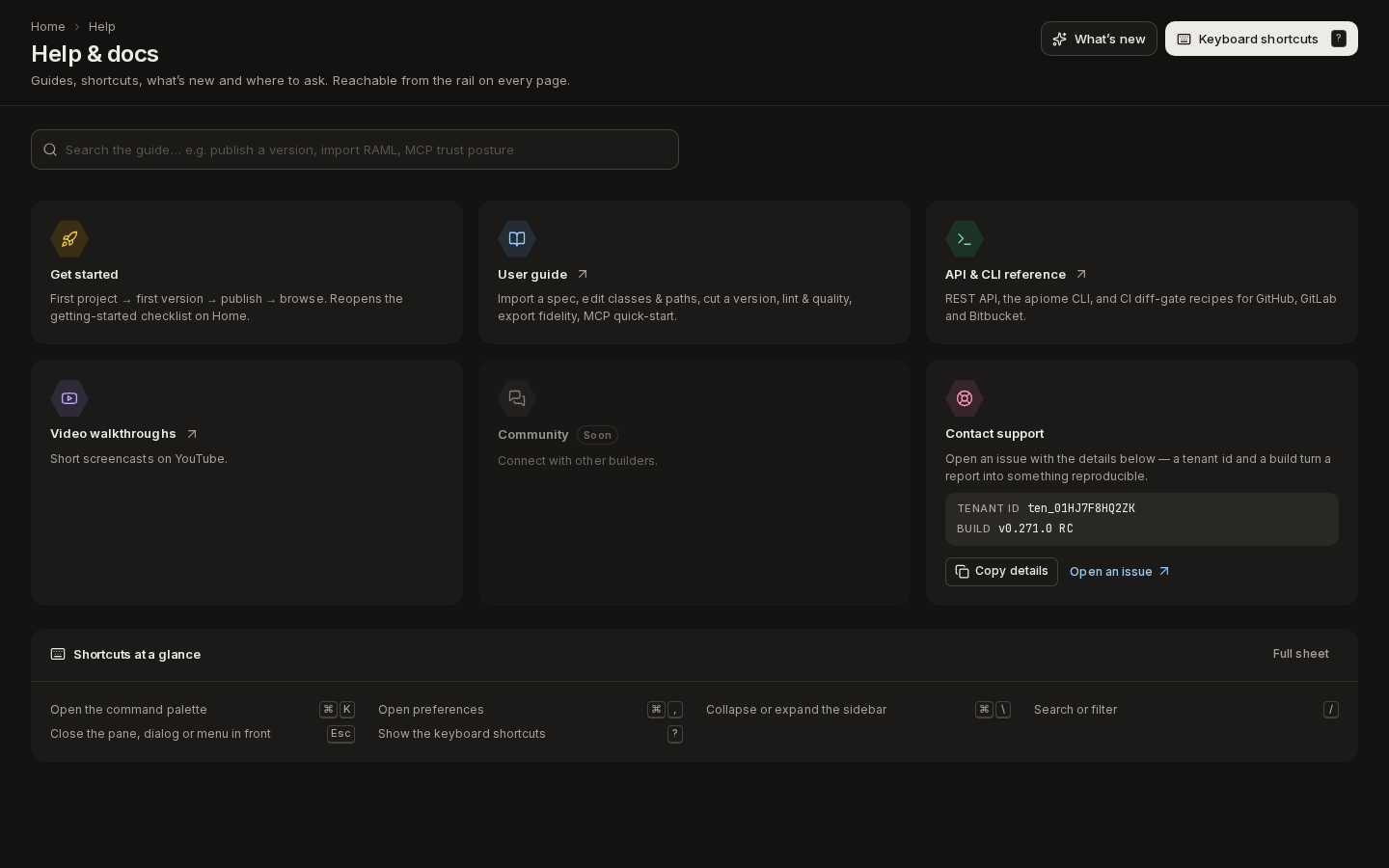 Help & docs: the guide search, six help cards and the shortcuts at a glance
