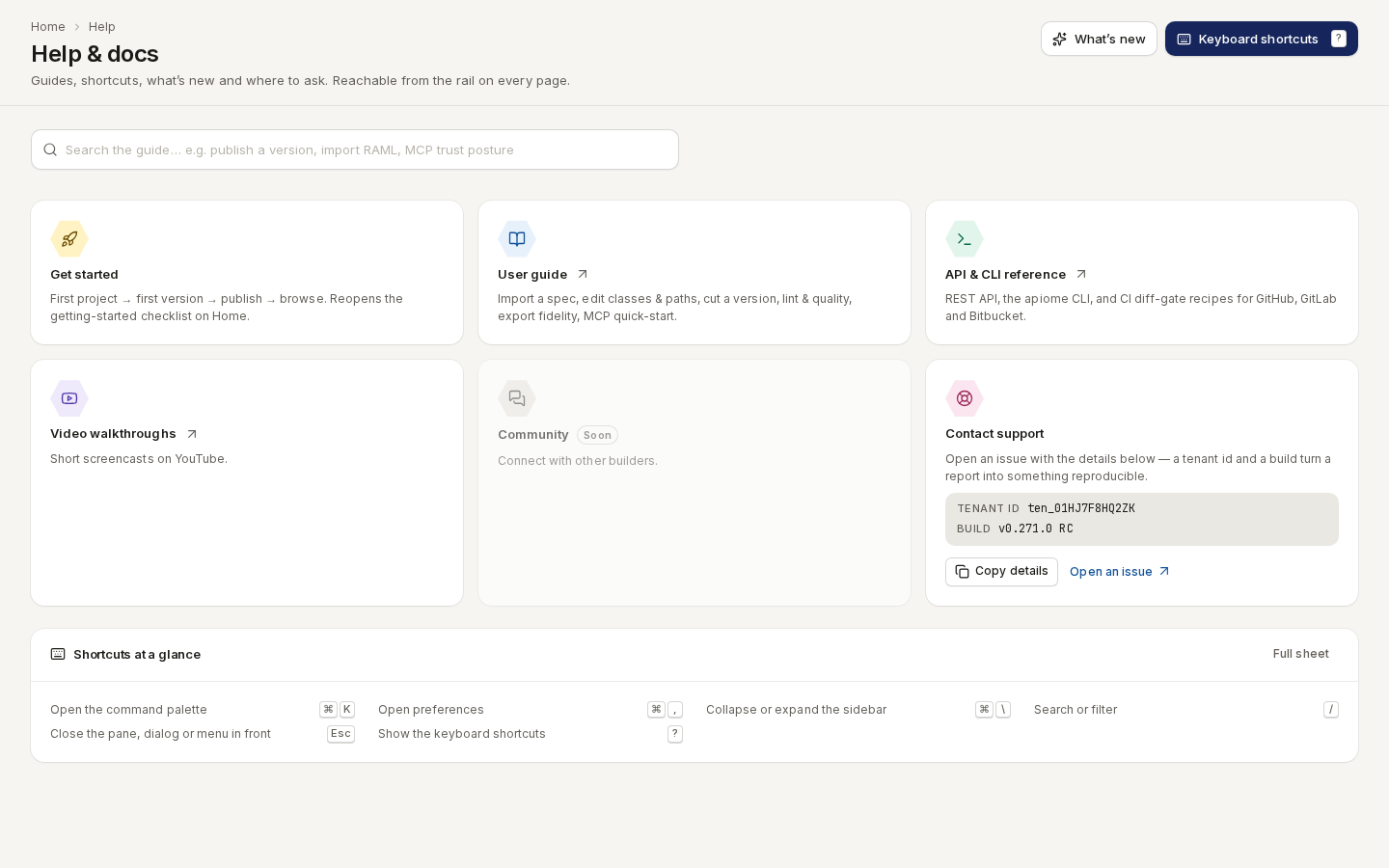 Help & docs: the guide search, six help cards and the shortcuts at a glance