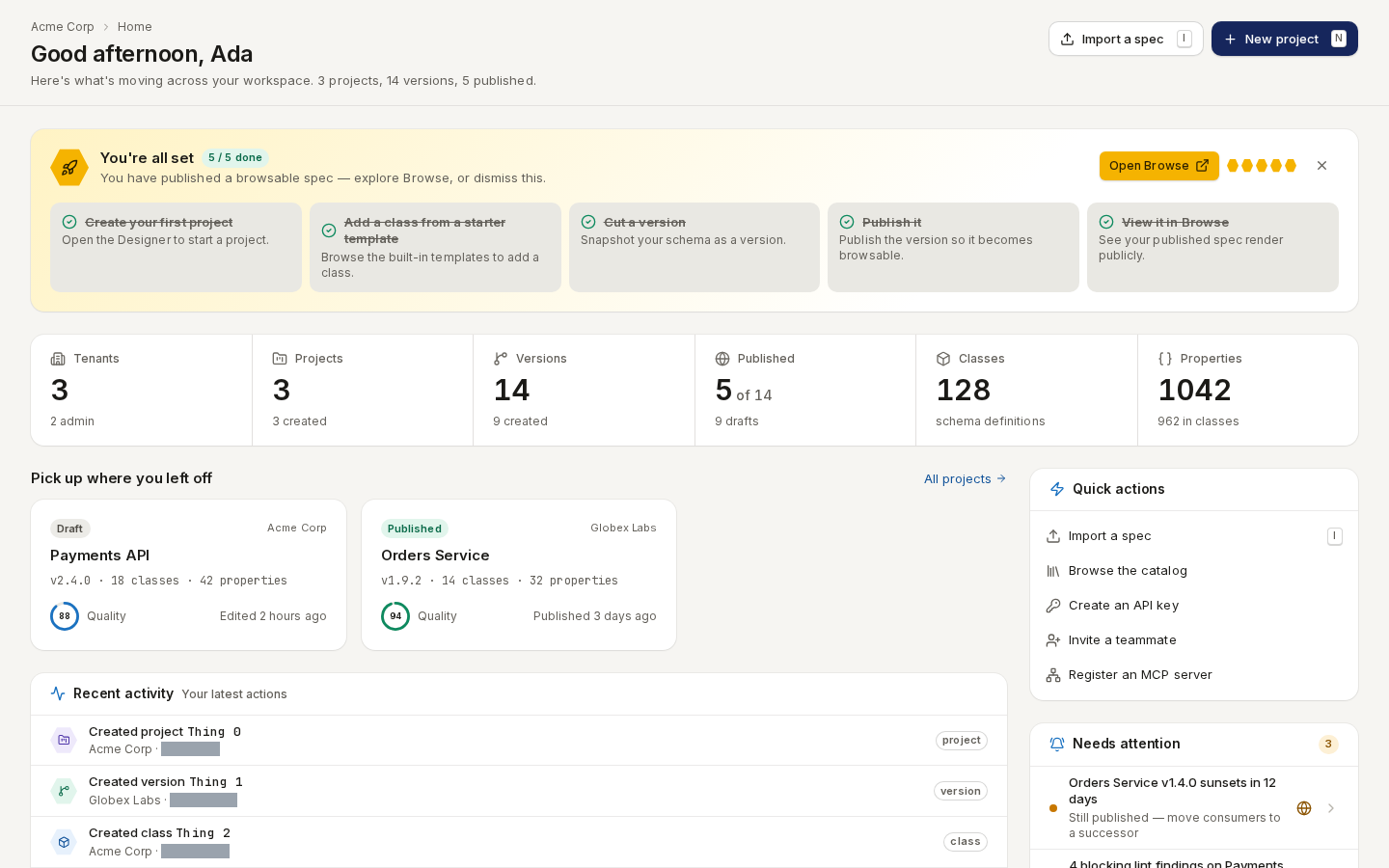 Home: a getting-started checklist, six workspace statistics, Pick up where you left off, Quick actions and Needs attention