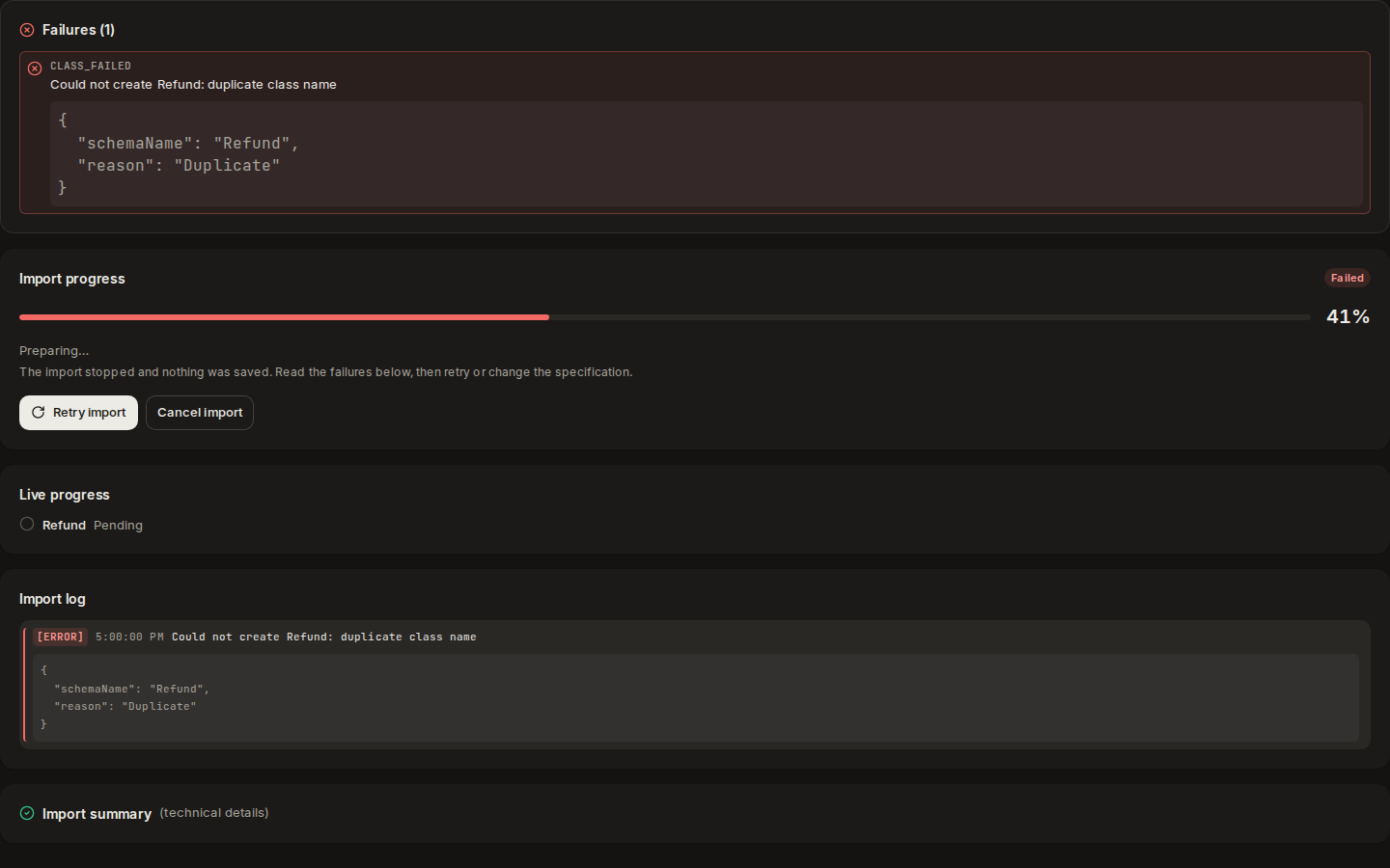 A failed import: the failure, the stopped progress bar, Retry import and the import log