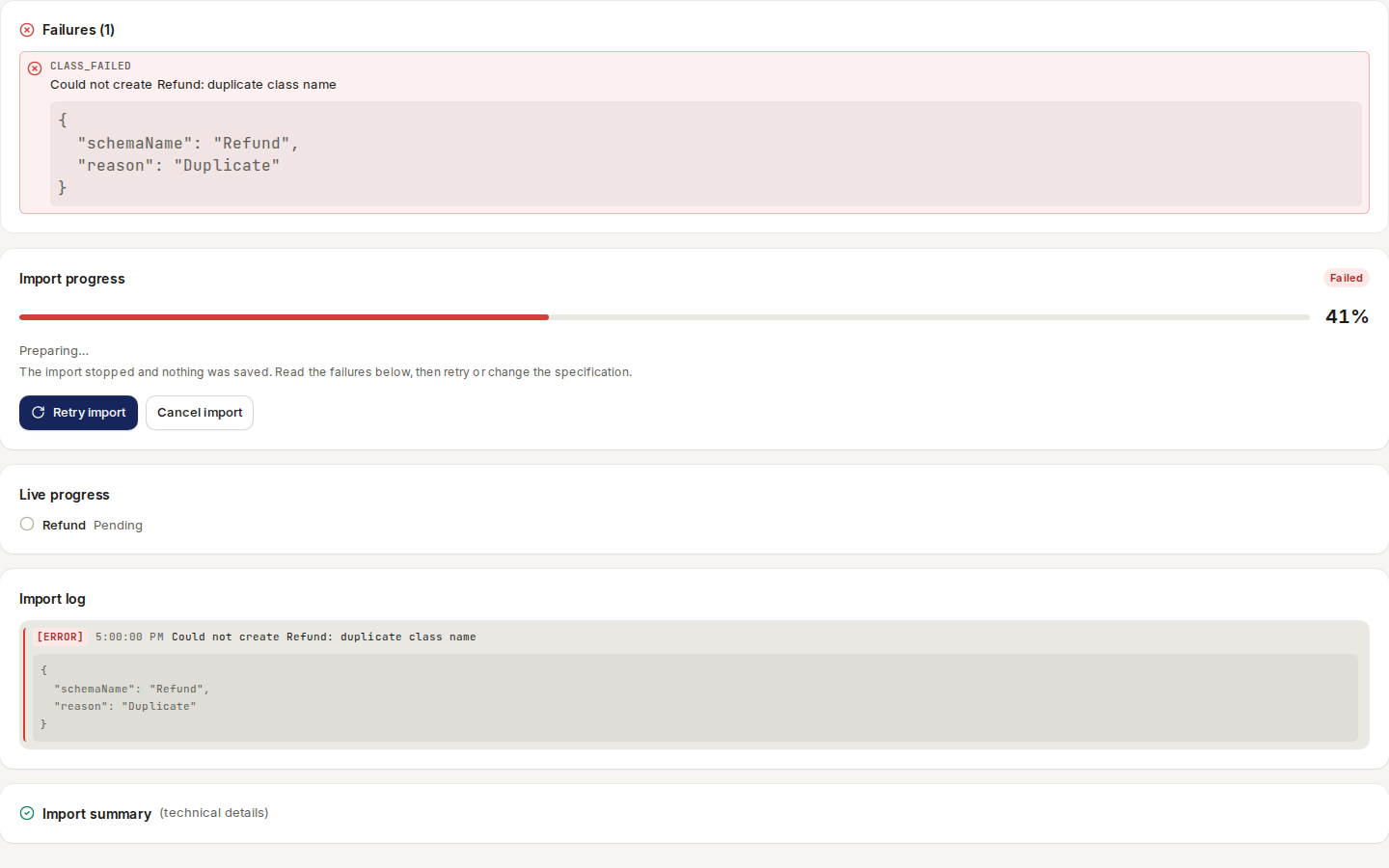 A failed import: the failure, the stopped progress bar, Retry import and the import log