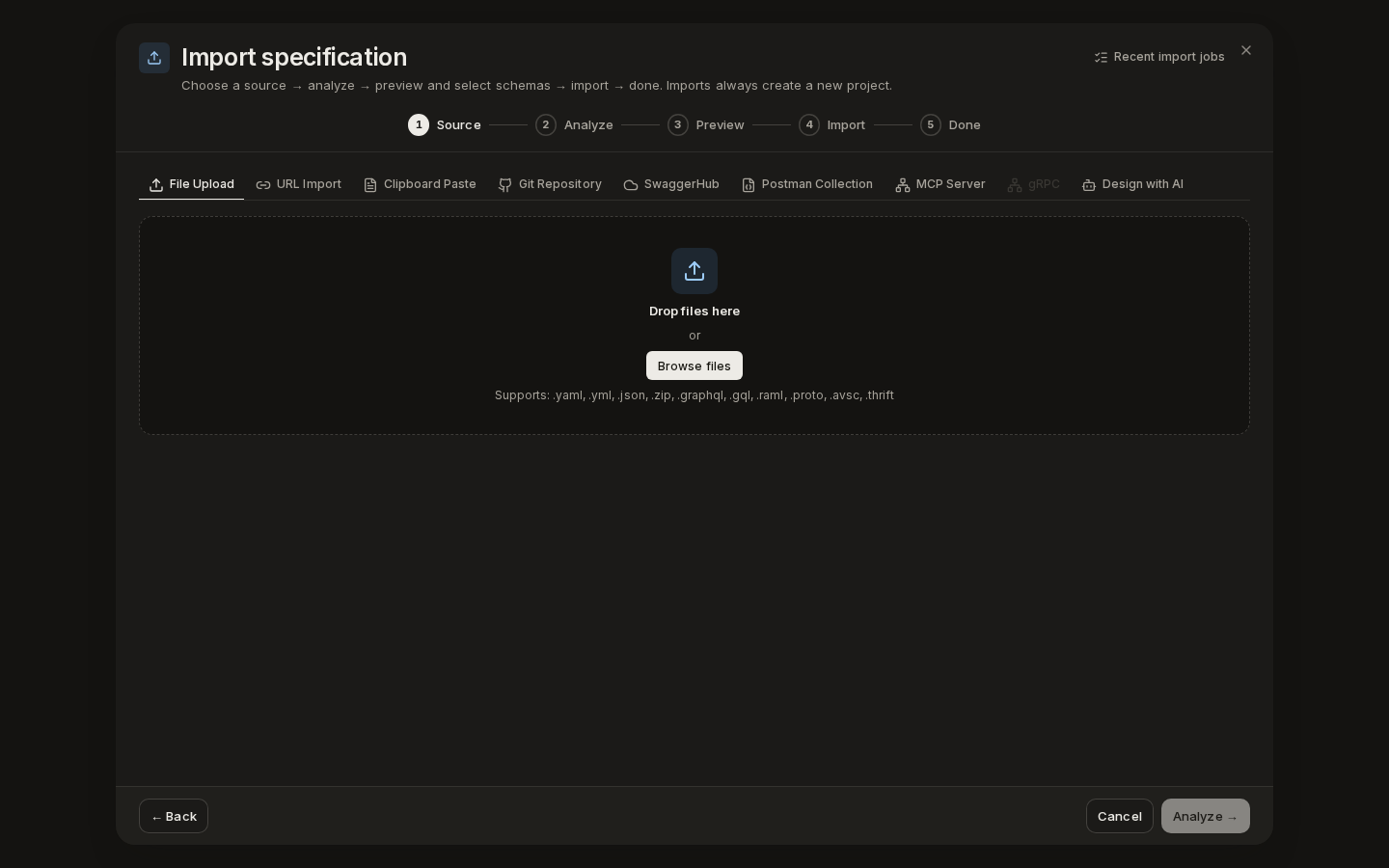 File Upload intake: a drop zone with Browse files and the supported extensions