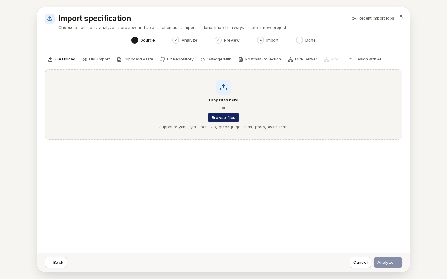File Upload intake: a drop zone with Browse files and the supported extensions