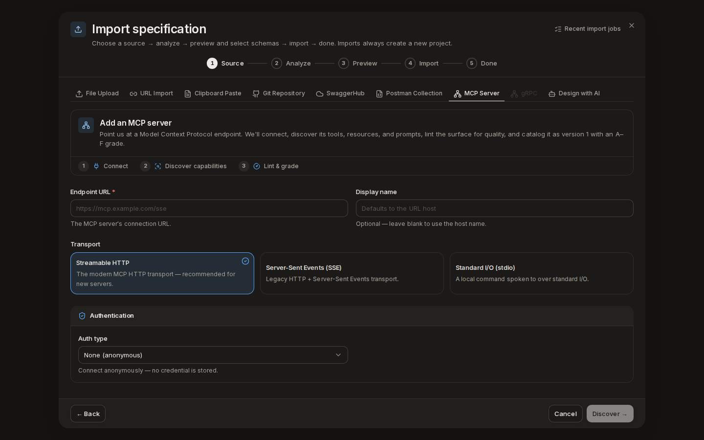 Add an MCP server: endpoint URL, display name, transport and authentication