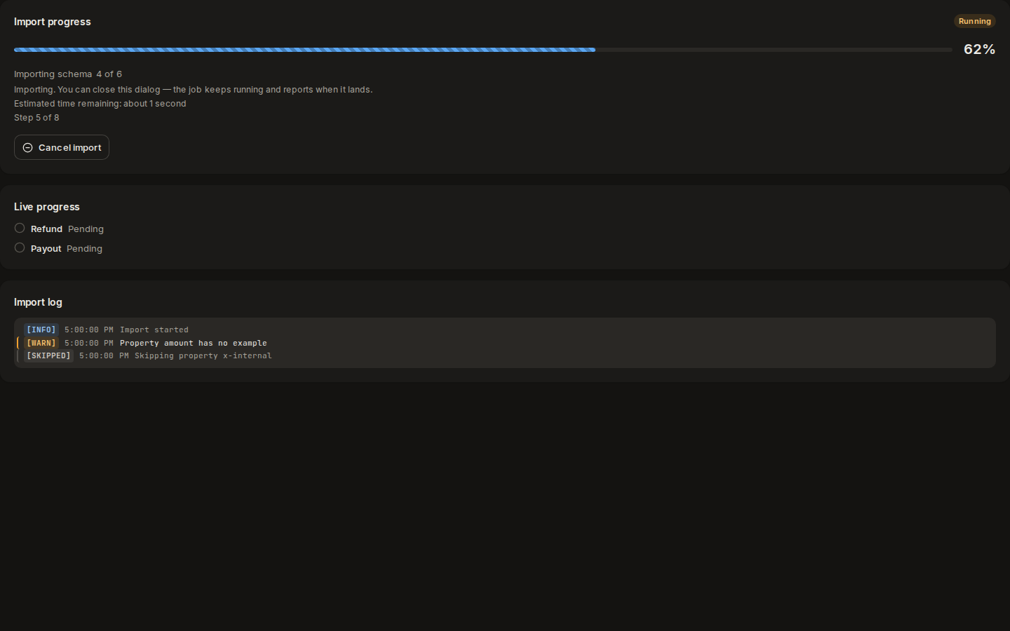 An import in progress: progress bar, live progress per schema and the import log