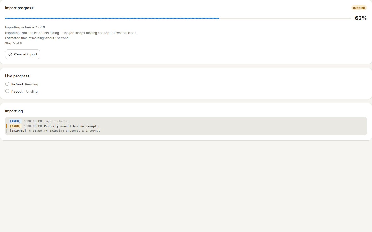 An import in progress: progress bar, live progress per schema and the import log
