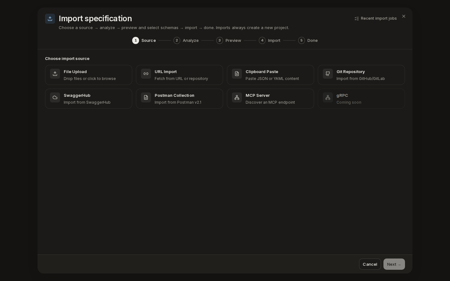 The Import specification wizard on its Source step, with File Upload, URL Import, Clipboard Paste, Git Repository and other source cards