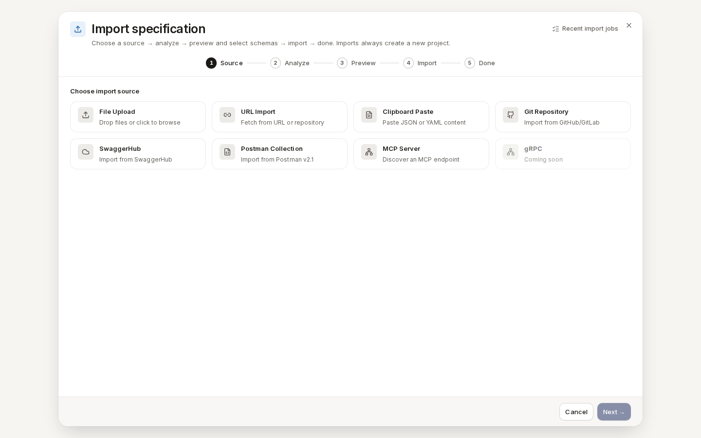 The Import specification wizard on its Source step, with File Upload, URL Import, Clipboard Paste, Git Repository and other source cards