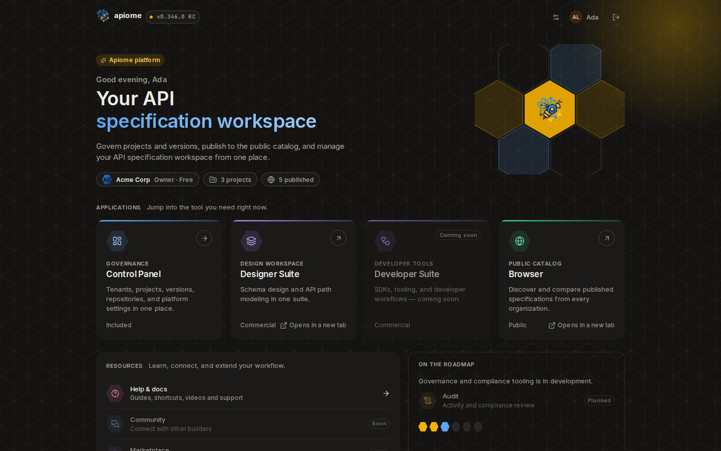 The launcher: Your API specification workspace, with Control Panel, Designer Suite, Developer Suite and Browser cards